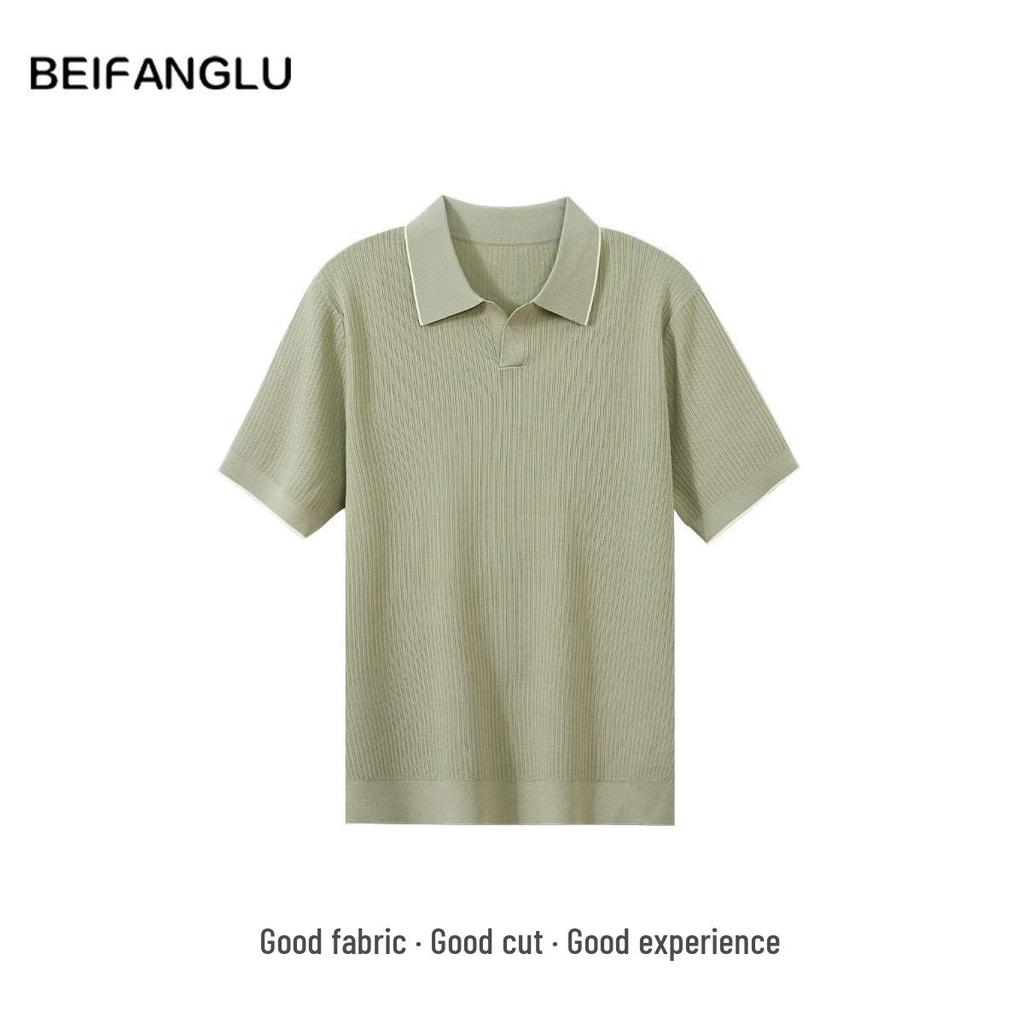 Northern Deer Cool Seagull Collar Men's Jacquard Knit T-Shirt, Summer Business Casual Short Sleeve