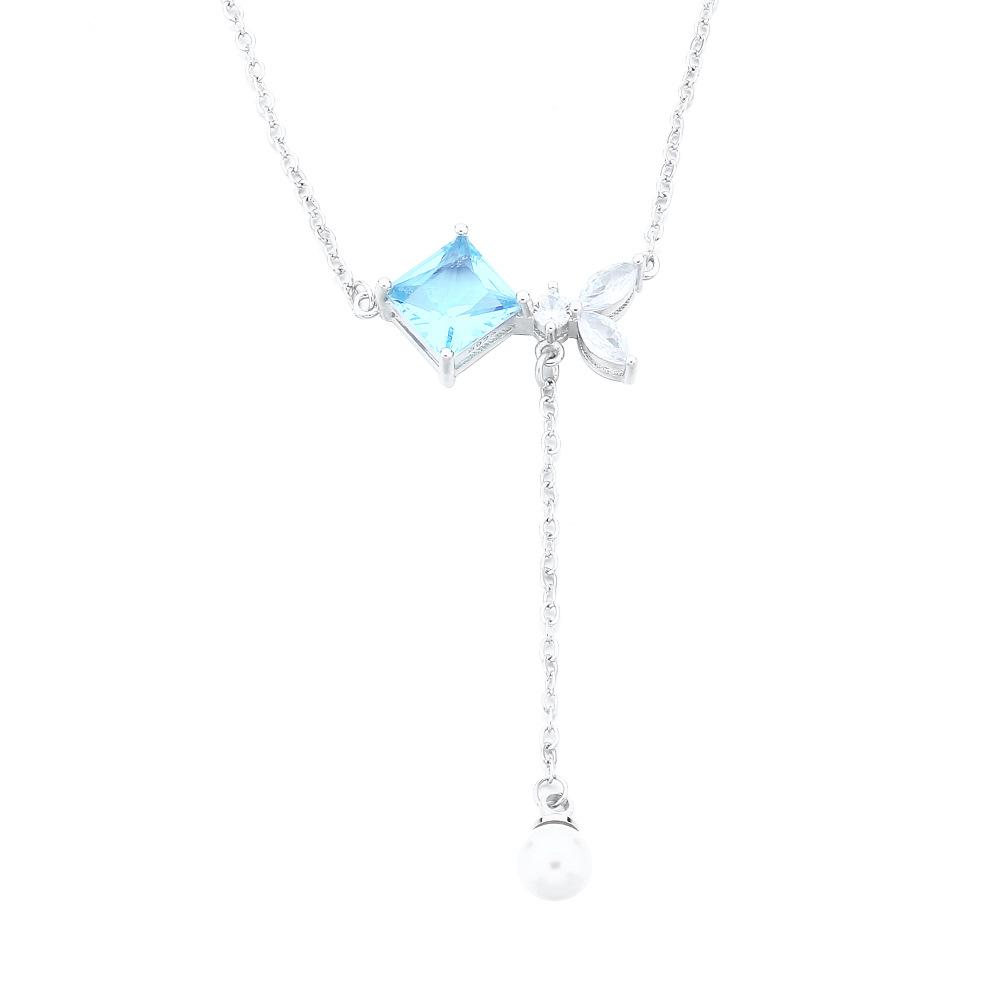 

Sea Blue Zircon Butterfly Necklace Fairy Gentle Temperament Topaz Pearl Fringed Collarbone Chain Design Copper