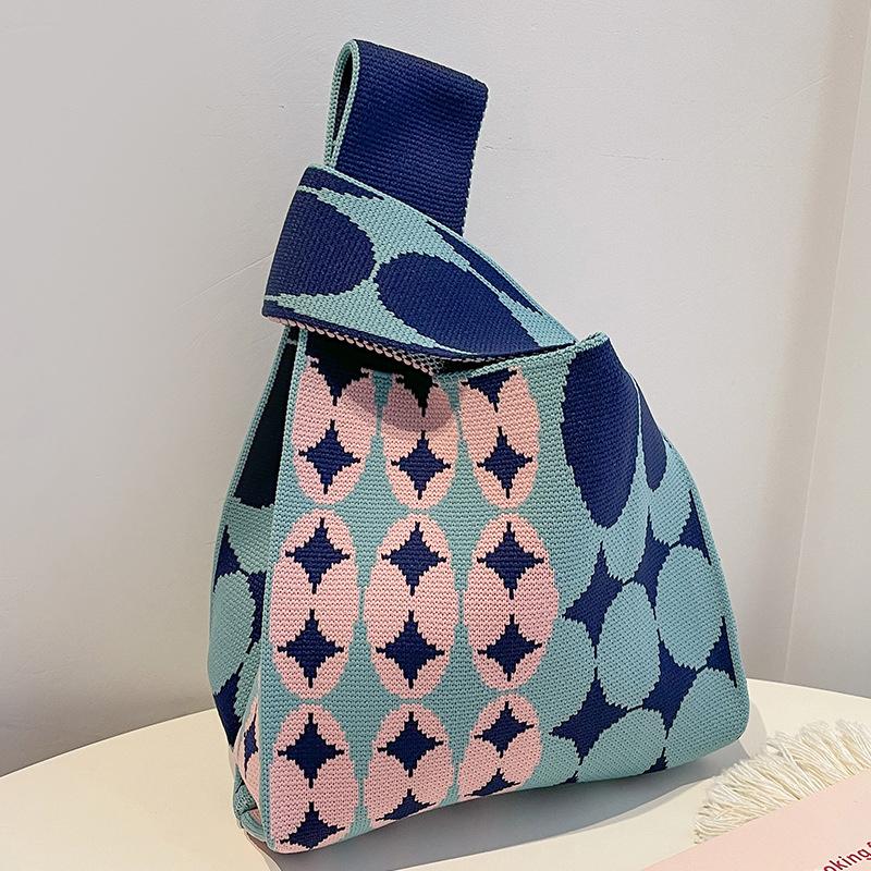 Borsa A Mano In Maglia Con Nodo – Tote Scozzese A Righe Larghe, Mini Pochette Da Polso, Riutilizzabile Per La Spesa, 20x35 Cm