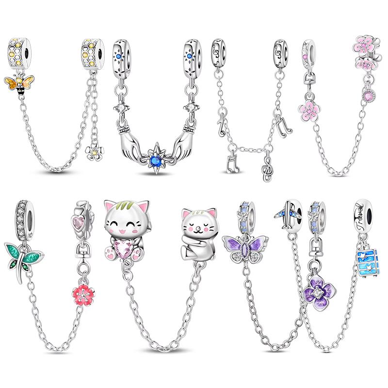 Original Copper Safety Chain Star Moon Airplane Earth Inlaid Zircon Charms Beads Fits Bangle Bracelet Diy Jewelry