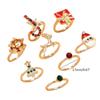 8pcs Christmas Charm Rings Gold Color Enamel Rings Santa Clause Reindeer Decors