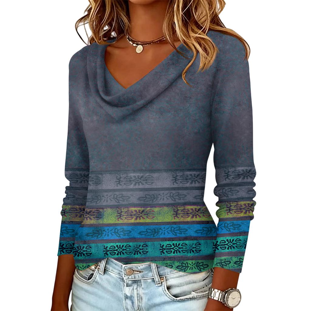 Ladies' Floral Printed Casual And Fashionable Long Sleeved Pullover Top