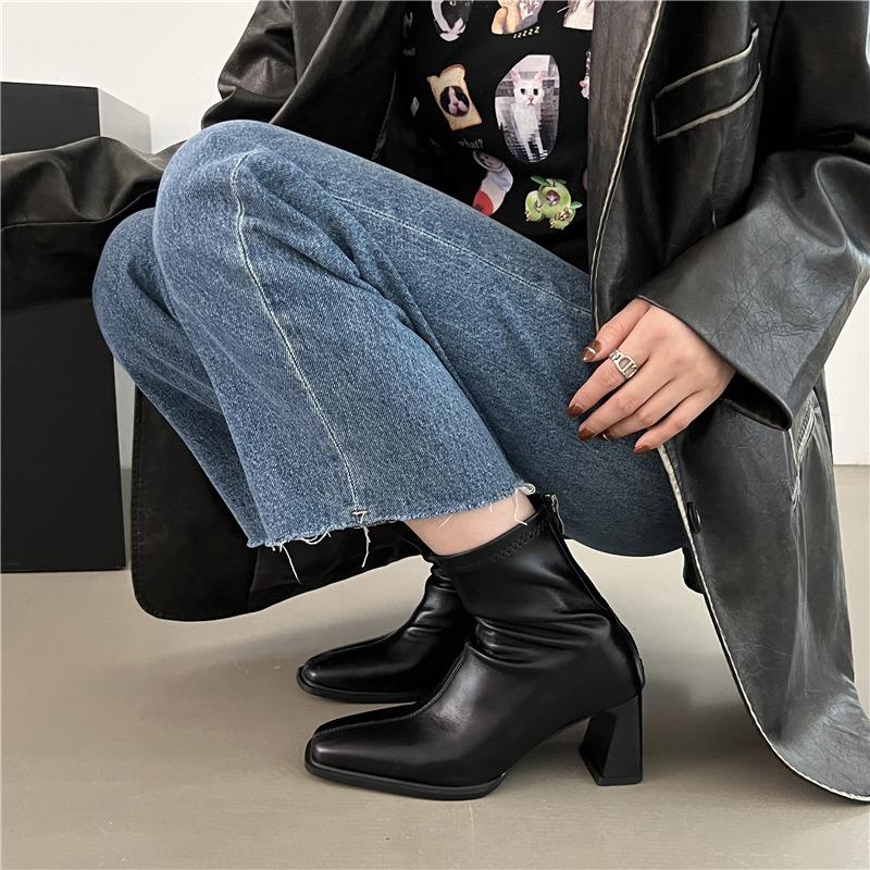 Short Boots Women's High Heel Thick Heel Rear Zipper Square Head Martin Boots Autumn and Winter New Elastic Thin Boots