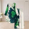 Damen Große Größen Grünes Rundhals Langarm Kleeblatt-Print High-Low-Oberteil Weite Hosen Zweiteiliges Set