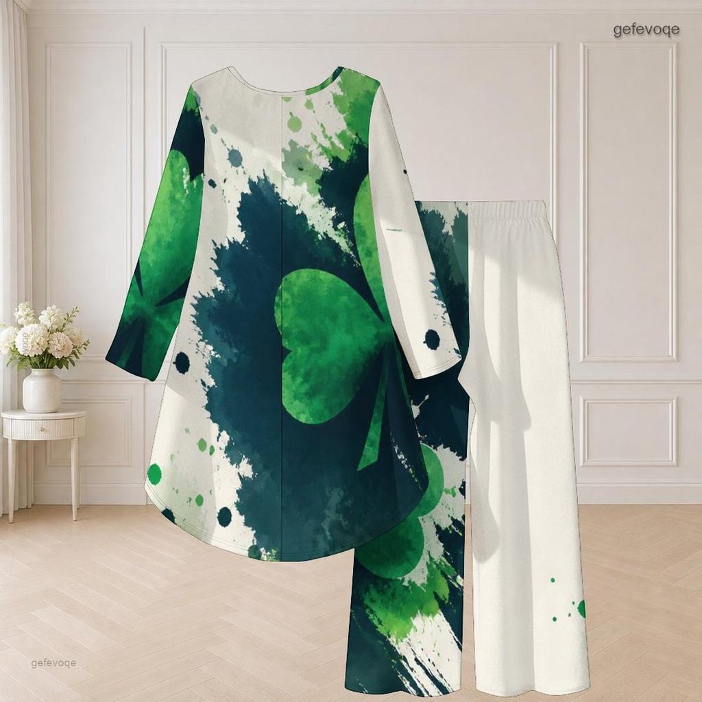 Damen Große Größen Grünes Rundhals Langarm Kleeblatt-Print High-Low-Oberteil Weite Hosen Zweiteiliges Set