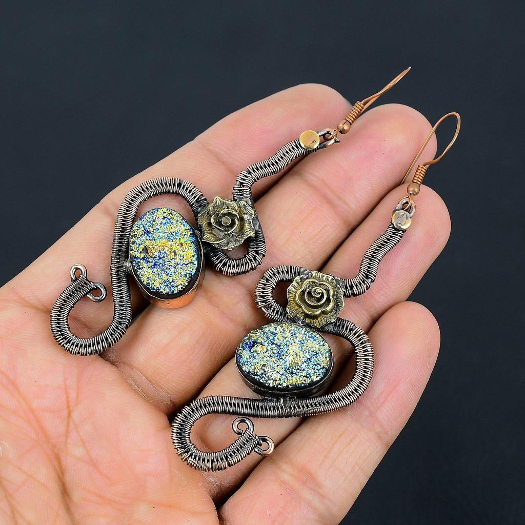 Titanium Druzy 999 Copper Wire Wrapped Earrings, Handmade Gemstone Earrings Jewelry, Gifts For Wife Brand New Earrings