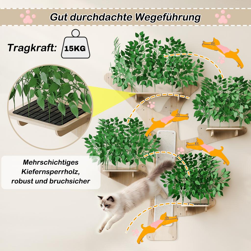 Wall-Mounted Scratching Tree In Tree Shape Made of Solid Pine Wood, with Scratching Surface & Platforms, Decorative & Stable, 155×210 Cm