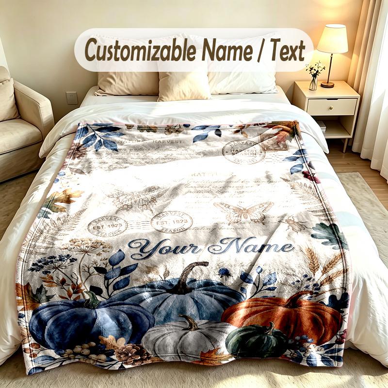 Autumn Harvest Theme Soft Blanket Personalized Custom Name Text Print Warm Blanket Home Sofa Bedroom Decor