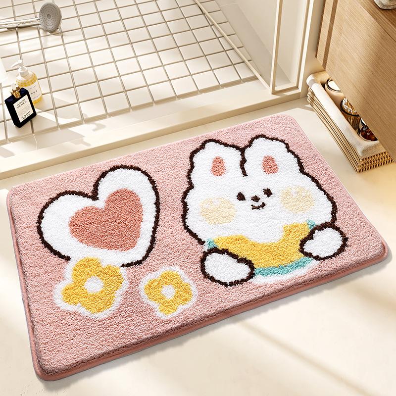 Cute Rabbit Series Super Soft Bath Mat - Thickened Flocked Machine-Washable Bathroom Rug, Non-Slip Decorative Doormat for Home