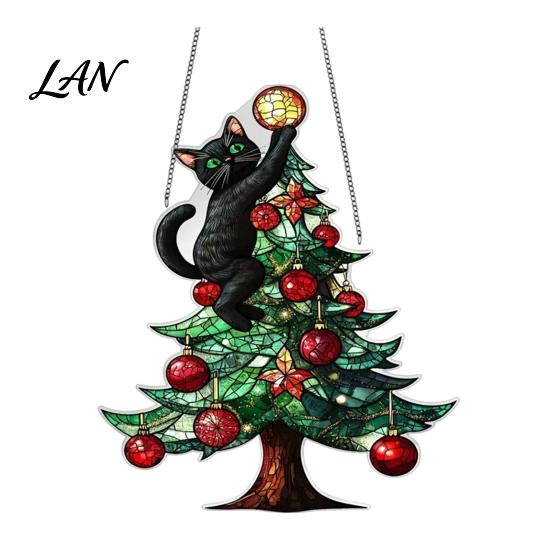 Indoor Outdoor Festive Decor Christmas Suncatcher, Stained Glass Style Window Hanging Ornament, Cute Cat Santa Decorative Sun Catcher Gift Claus