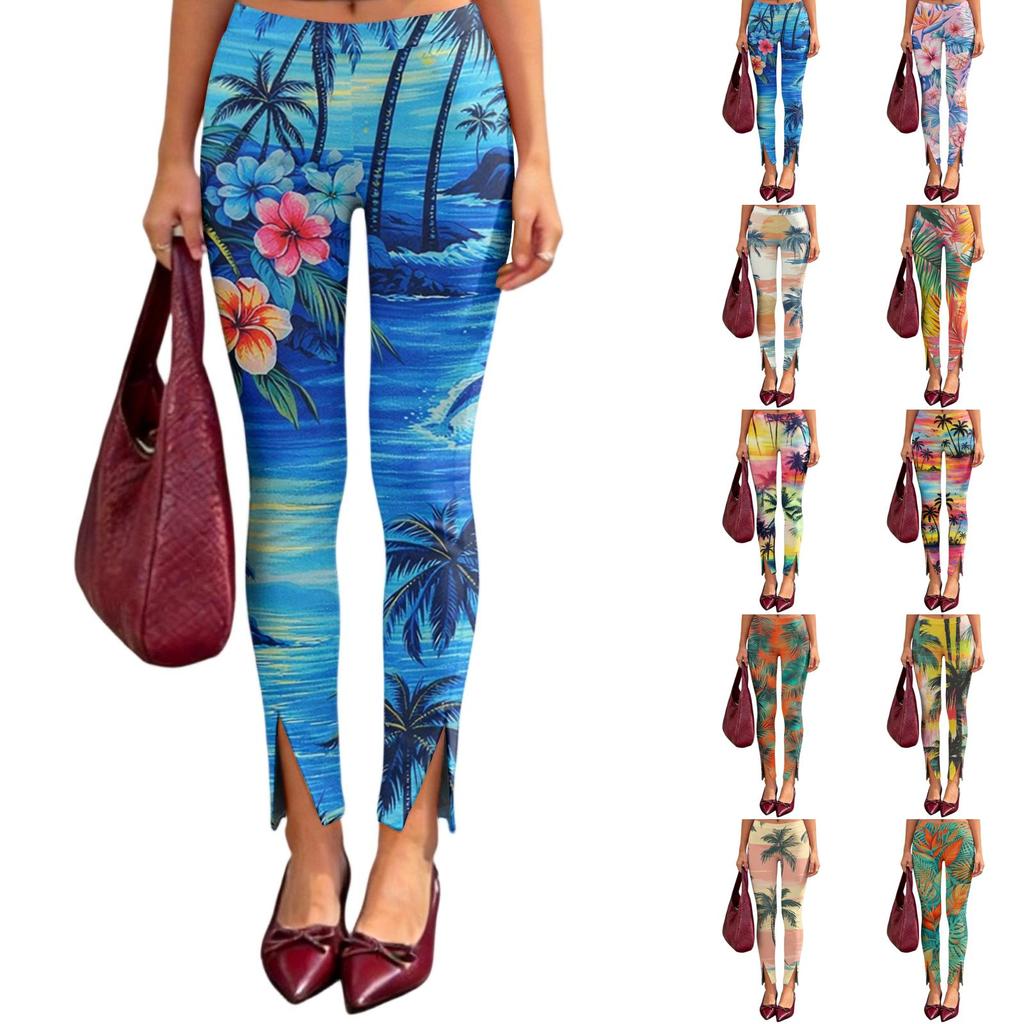 Women's Hawaiian Print Black Slim Fit Joggers, Side Slit Design Athletic Pants, Casual Streetwear, Comfortable Stretch Fabric