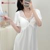 French elegant lace ice silk nightdress for women, summer long high-end short-sleeve loungewear with padded breasts, princess-style pajamas