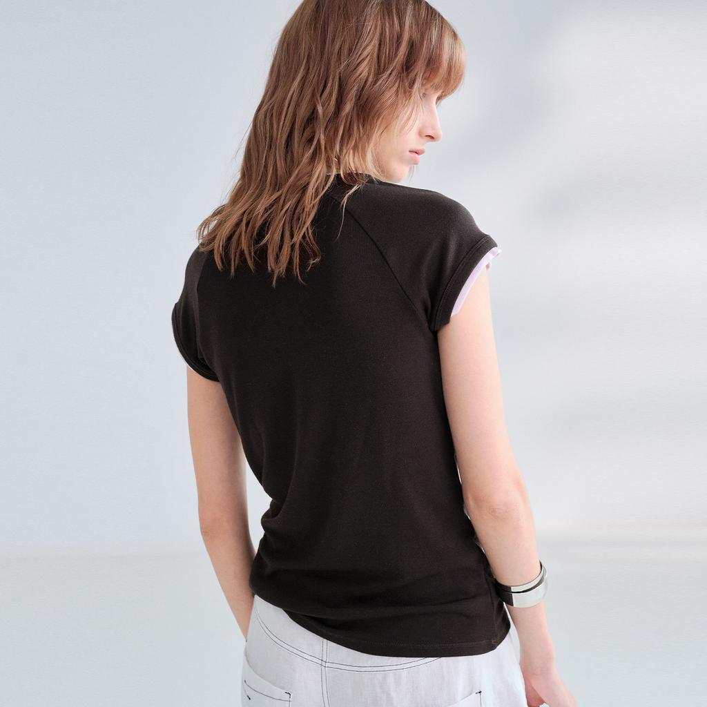 Cool Knitted Lyocell Linen T-Shirt Commuter Shirt Women's Summer Elastic Slim Short Sleeve Design Contrasting Top