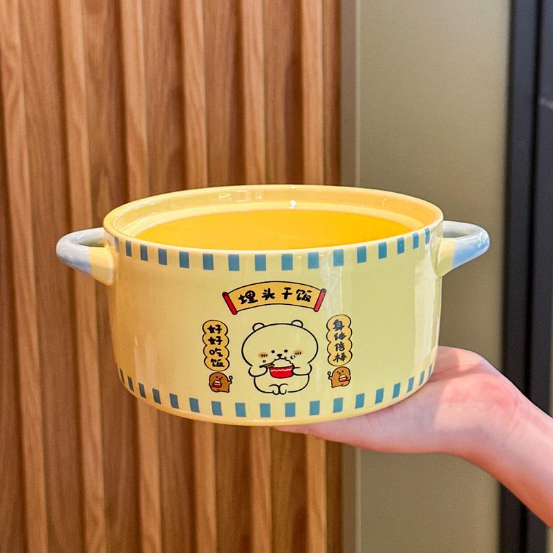 Cute Cartoon Instant Noodle Bowl with Lid, Large-capacity Ceramic Noodle Bowl for Dormitory Students, Binaural Snail Powder Bowl for Personal Use