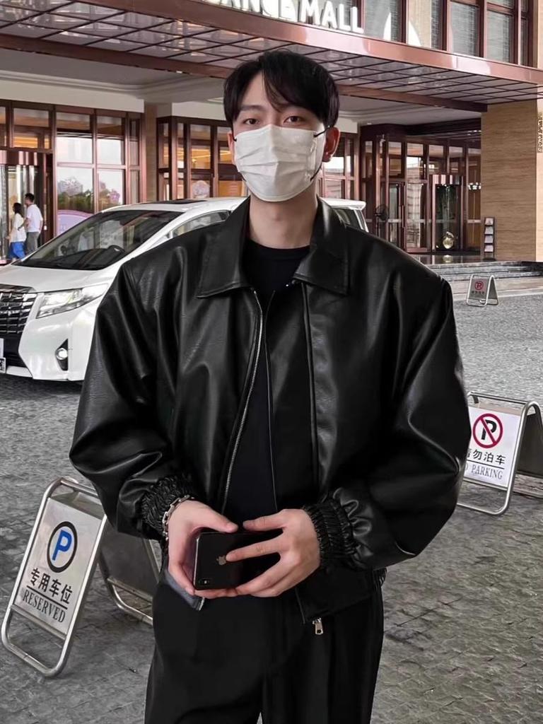 Veste en cuir de moto Rétro Américain pour homme avec épaulettes coréennes - Vêtement d'extérieur Bombeur Tendance Printemps/Automne