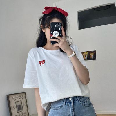 Summer New Small Fresh Bow Printing Loose Large Version White Inner Short-sleeved T-shirt Top Women's Clothing