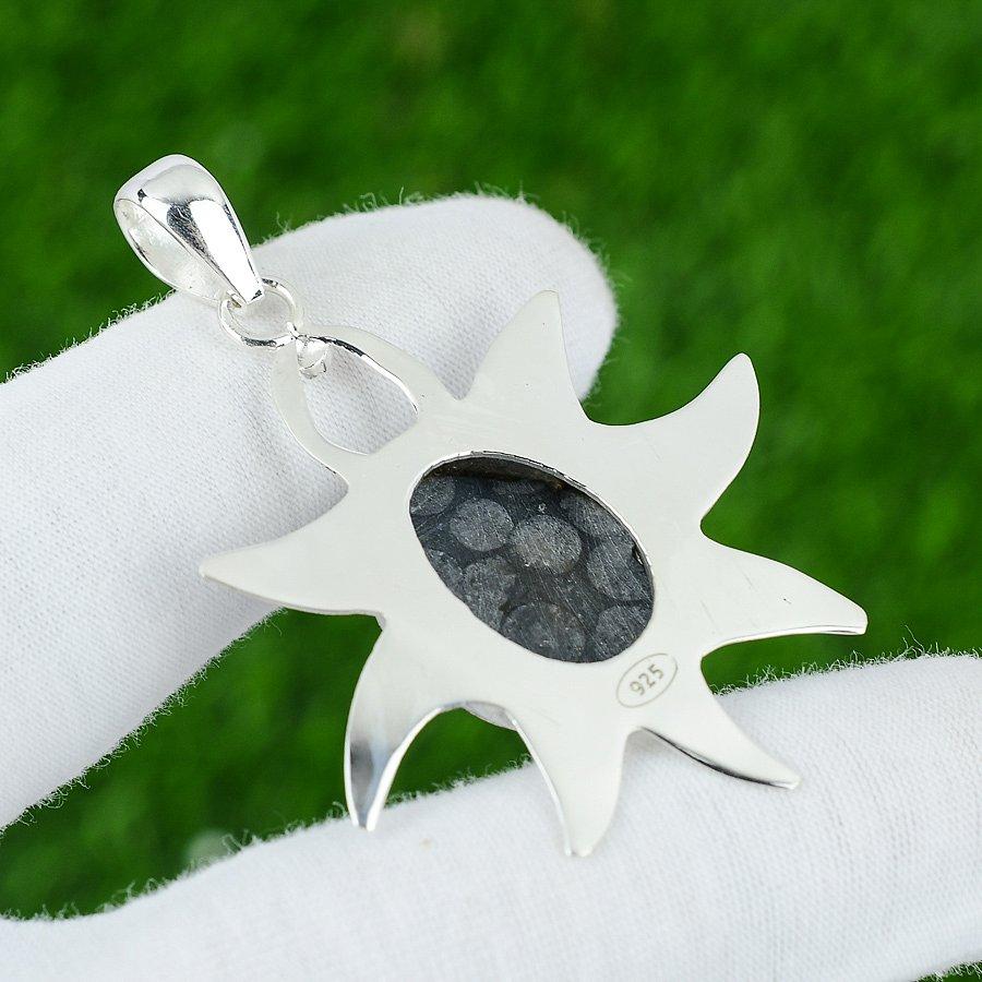 Oval Root Chakra Black Fossil Coral Gemstone 925 Silver Sister Birthday Pendant