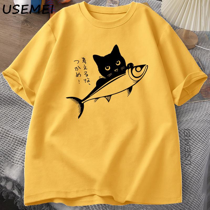 

Black Cat T-Shirt Funny Japanese Fish Tshirt Kawaii Cat Lover T Shirt Men Graphic T Shirts Summer Cotton Tops Clothing L жовтий