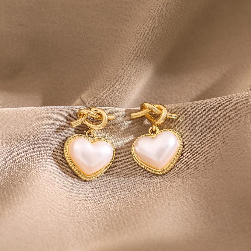 

Metal Knot Imitation Pearl Heart Drop Earrings for Women LOVE Korean Style Simple Wedding Zircon Trend Creative Accessories