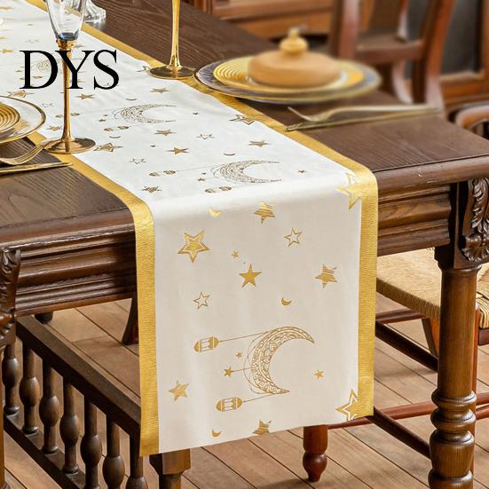 Modern Table Dressing Eid Mubarak Runner, Ramadan Gold Moon Stars Tablecloth, Islamic Happy Holiday Home Accessories Rectangular Cloth for Dining