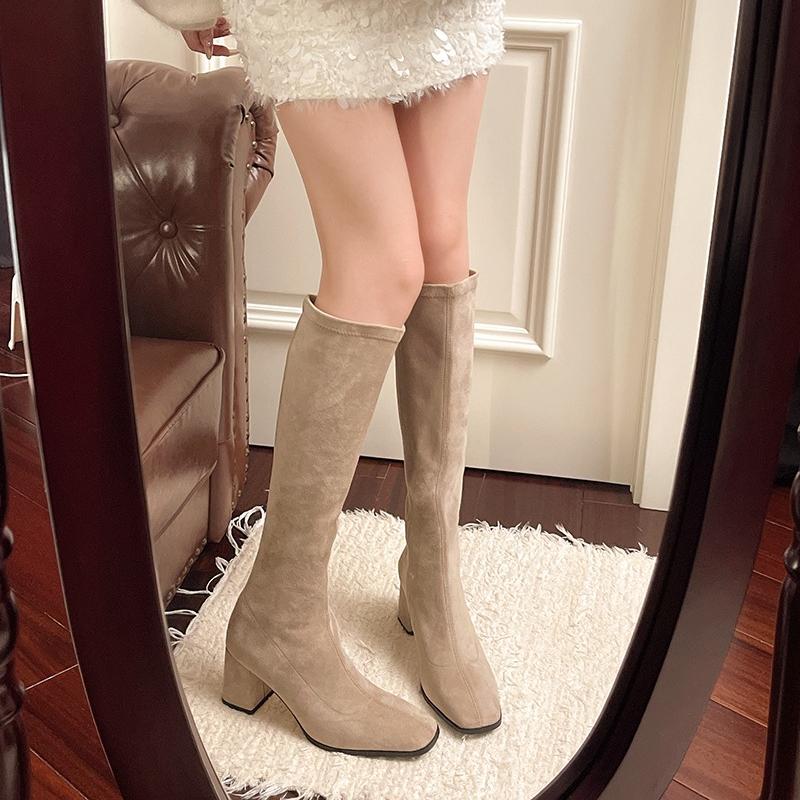 2025 Women Boots Autumn Winter Elastic Slimming Knee-High Boots Fashion Square Toe Thick Heel Shoes for Women Casual Boots