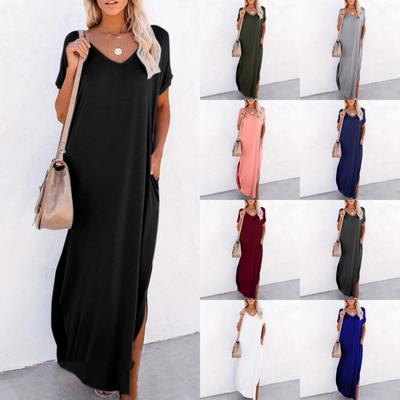 Women's Loose Swing Long Dress Casual V-neck Short-sleeve Solid Color Side Slit