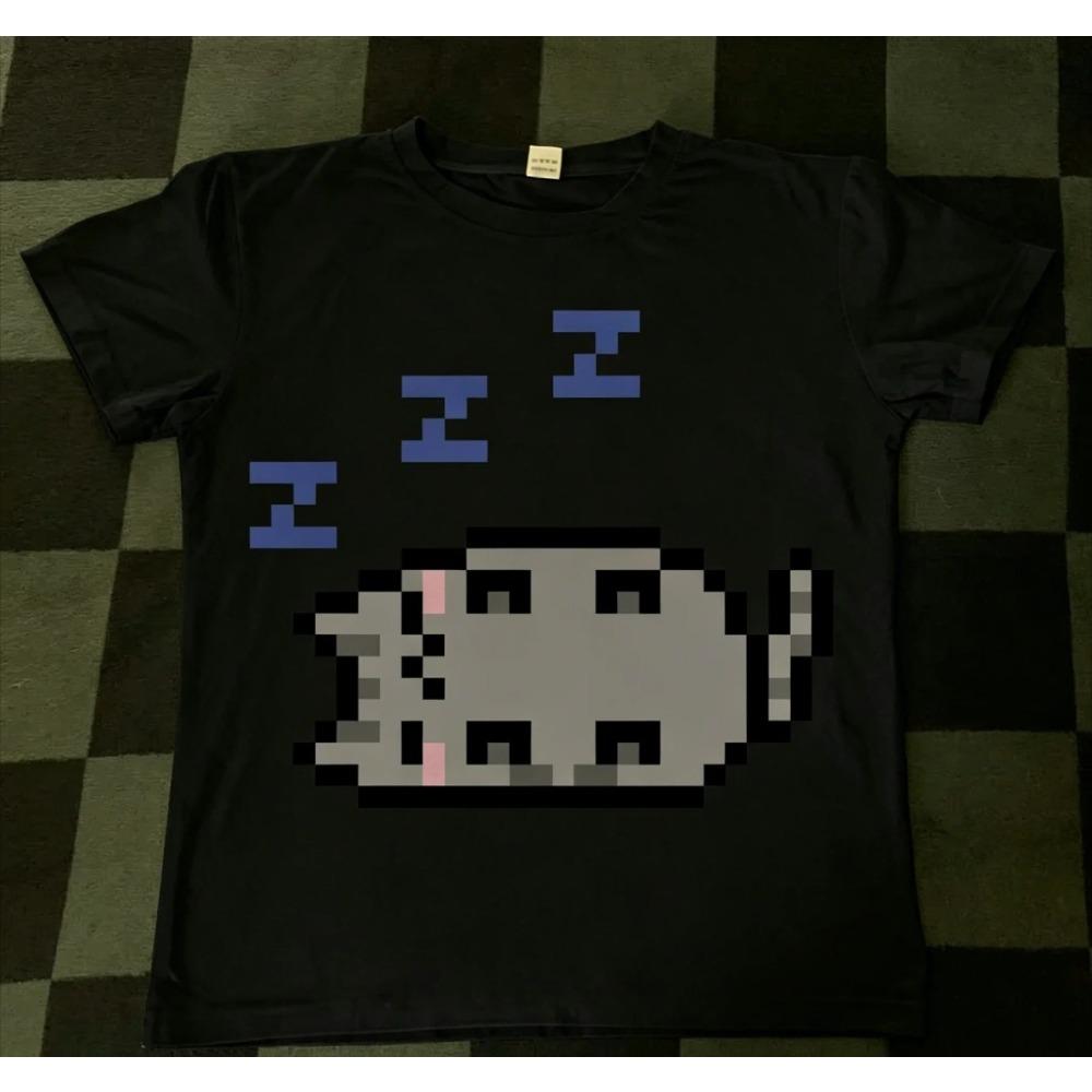 2026 Cute Sleepy Gray Pixel Cat Three Zzz Symbol Graphic T Shirt Simple Pixel Animal Print White Cotton Short Sleeve Tee