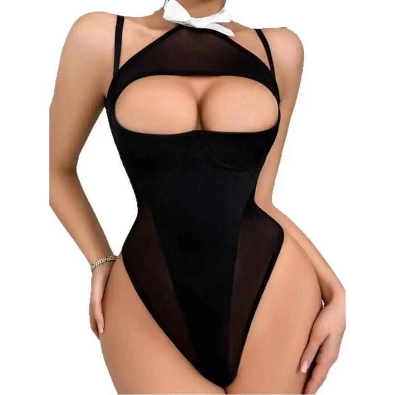 Sexy Black Mesh Bodysuit With White Bow Tie Detail Push Up Bra Design Lingerie Outfit For Women One Piece Bodysuit Charming PW8H