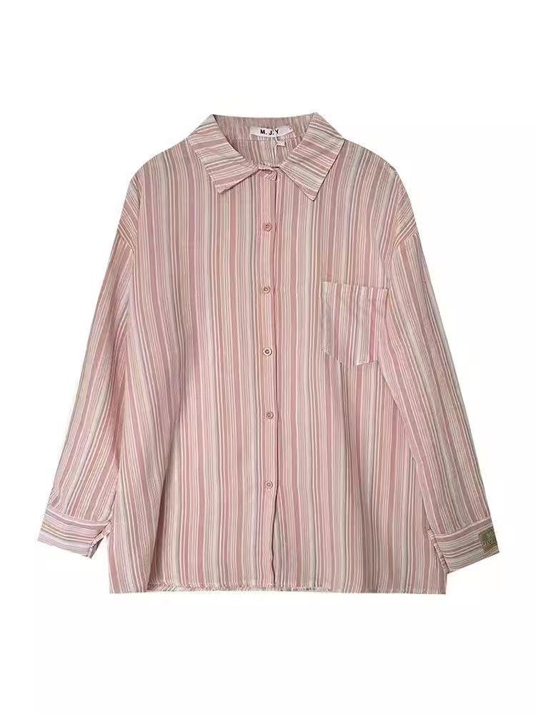 

Women s Striped Turn-Down Collar Shirt - Loose Fit, Slimming, Long Sleeve, Korean Style for Spring/Autumn Large рожевий