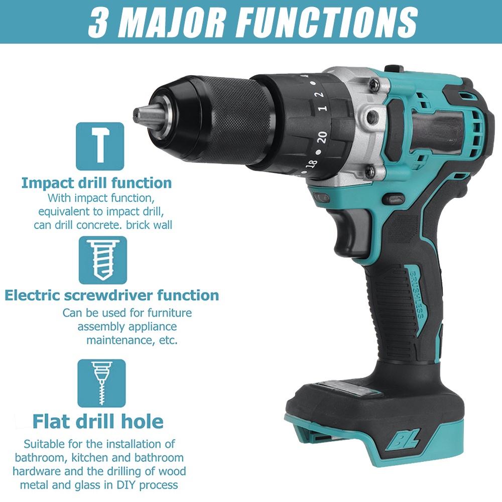 3In1 13mm Cordless Brushless Electric Drill 520NM Screwdriver 20+2 Torque Impact Drill Power Tool with 2 Battery 388VF