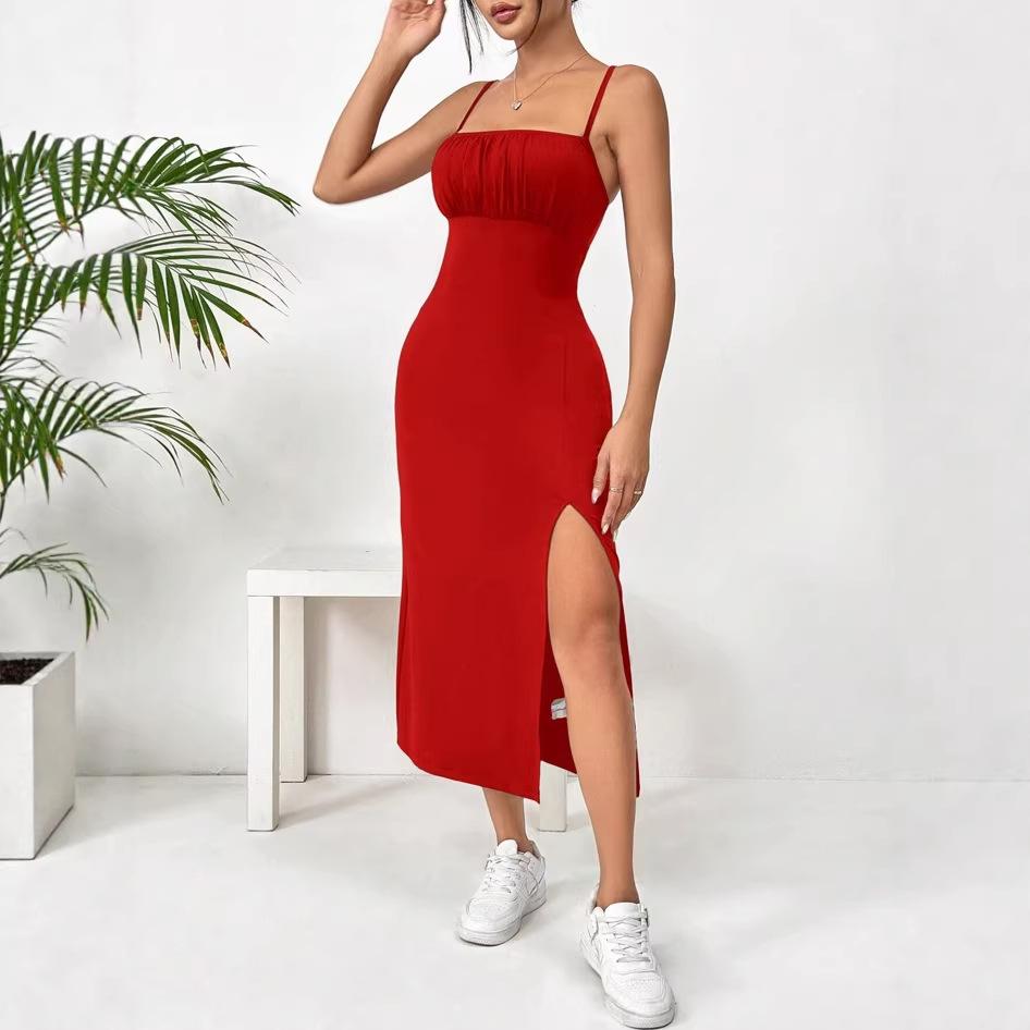 Summer suspender dress women's suspender tube top tight high split solid color leopard print hip skirt