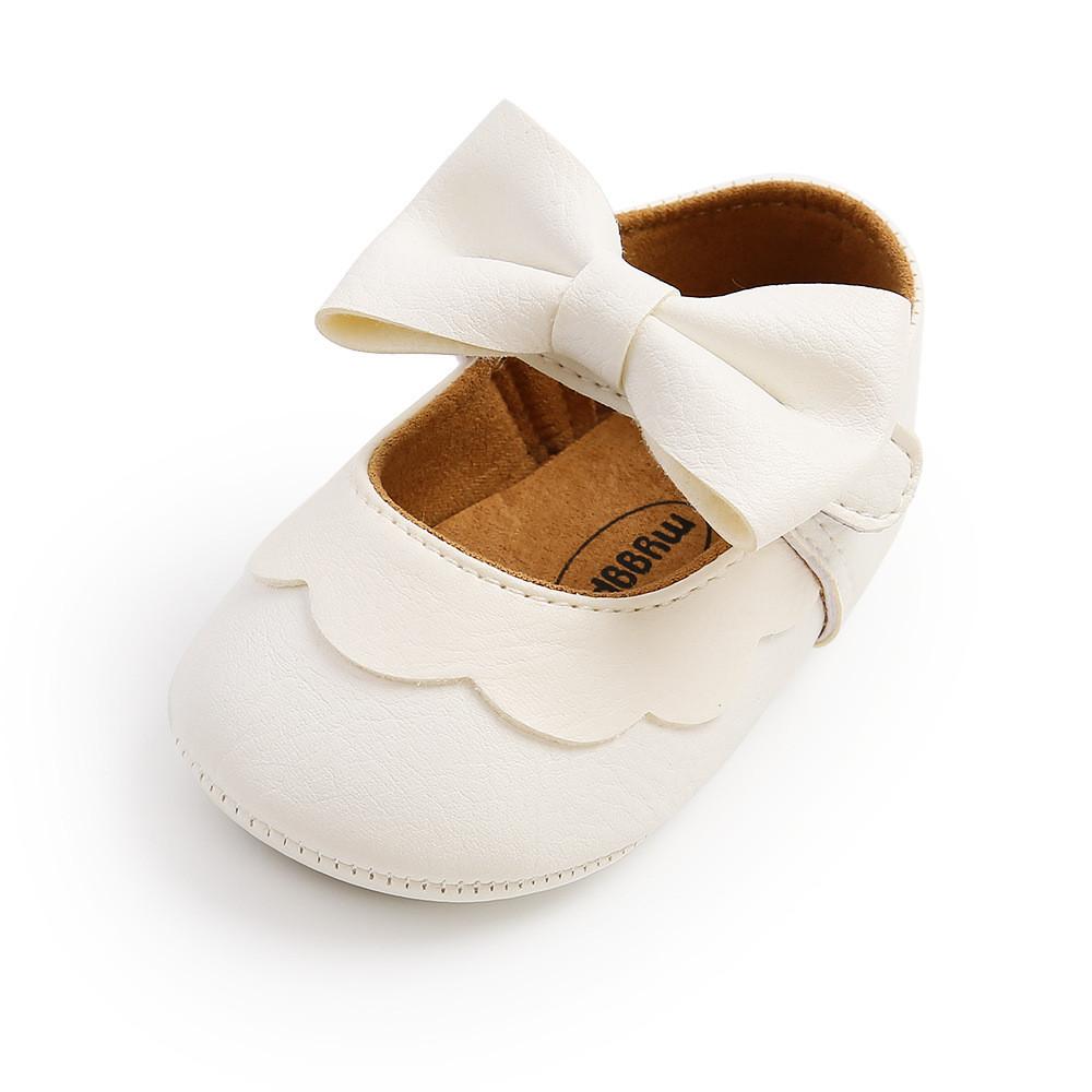 

Princess Shoes For Baby Girls Pu Soft Sole With Solid Color And Bow Decor For Spring And Fall Wear White,11cm
