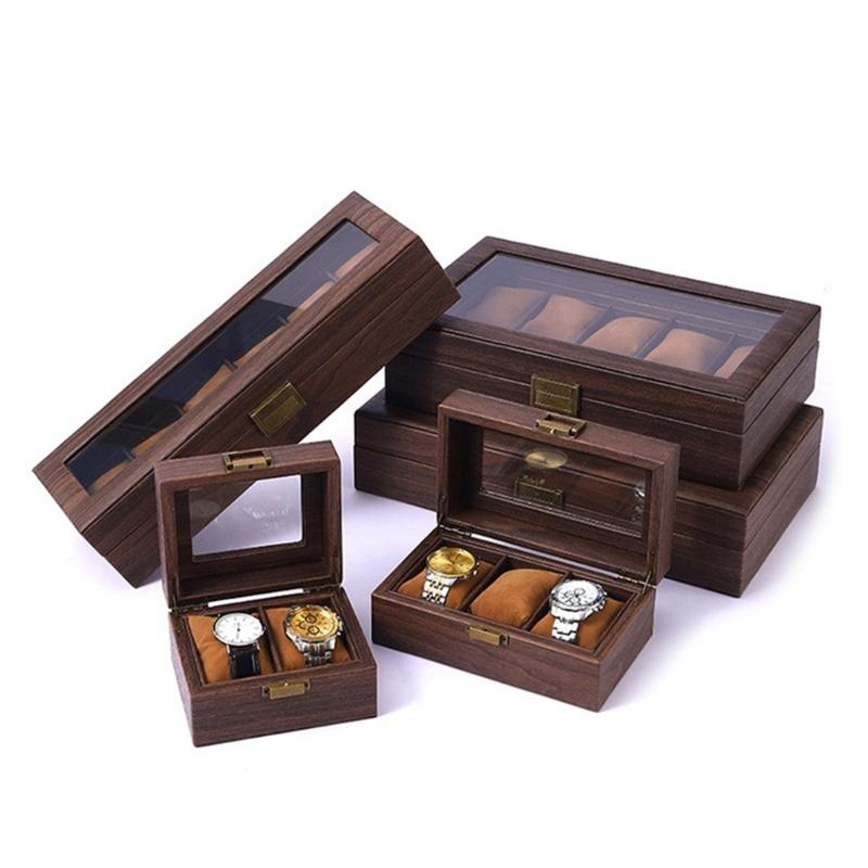 2/3/6/10/12 Grid Watch Box Wood Watch Cases Display Holder Wristwatch Organizer Jewelry Gift Box with Clear Lid & Pillow
