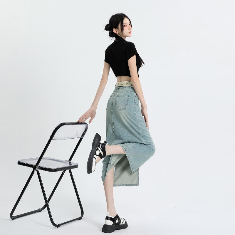 Collar Tiled Letter Embroidered Denim Skirt for Female In Summer Latest Front Slit Slim Denim Skirt High Quality Practical Daily Use
