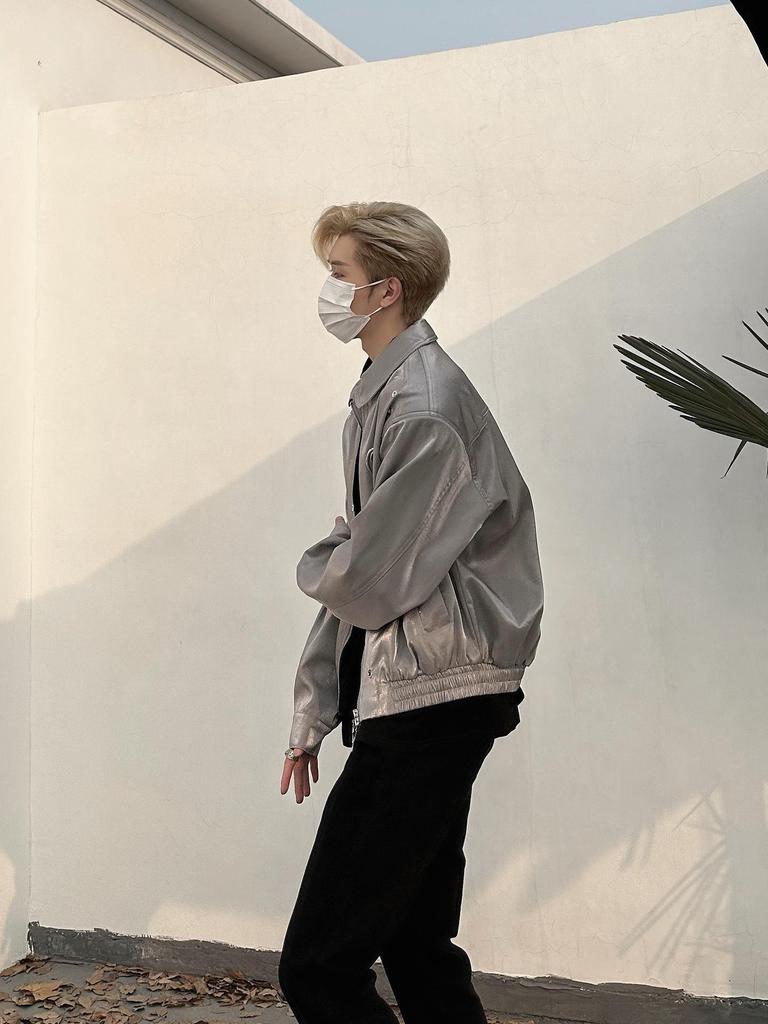 Men's High-End American Retro Liquid Metal Shoulder Pad Jacket