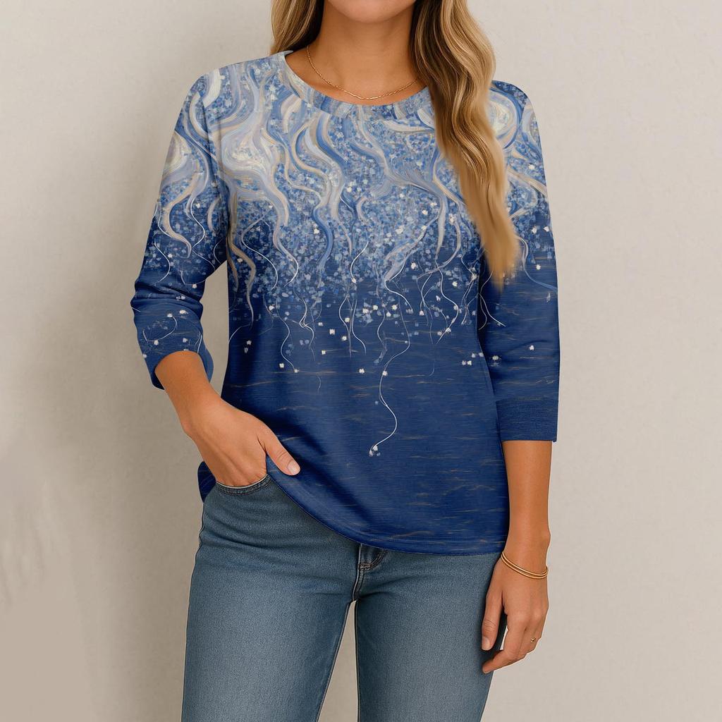 Women's Fashion Casual Round Neck 3/4 Sleeve Loose Printed T-Shirt Ladies Top