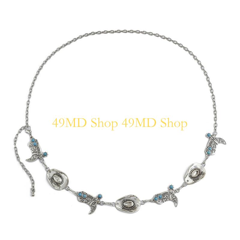

49MD Silver Belt Waist Chain Elaborate Cowboy Charm for Dress Western Cowboy