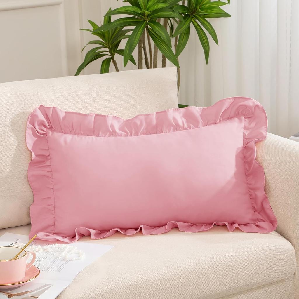 White Ruffle Lumbar Pillow Cover 12x20 Inch, Ruffled Cushion Case Covers for Couch Sofa Bed Living Room, Decorative Farmhouse Throw Pillow Cover,
