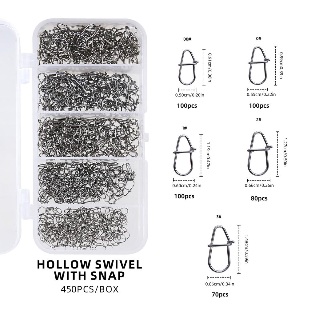 450Pcs Fishing Snap Swivels Stainless Steel Lure Snaps Freshwater Saltwater Boxed for Easy Carry 450pcs Fishing Snaps Boxed
