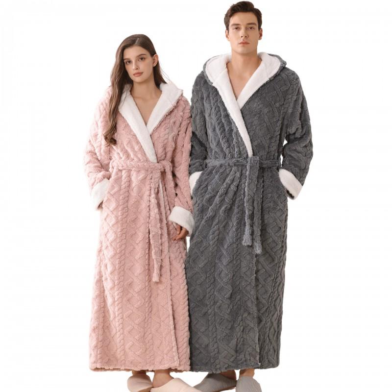 B2W Digital Mens Womens Flannel Robe Hooded Fleece Bathrobe Thick Warm Winter Loungewear