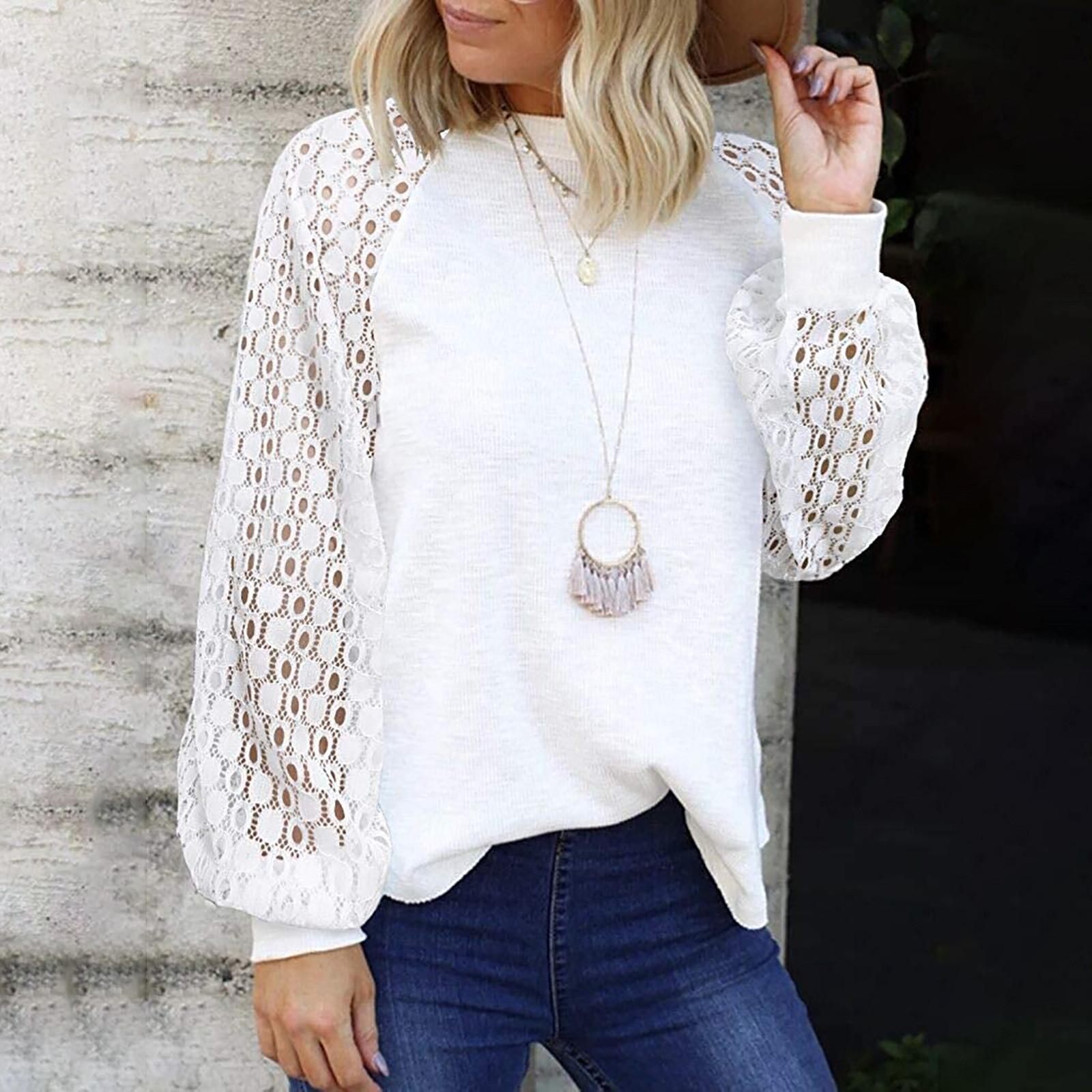 

Женский пуловер с длинным рукавом и круглым вырезом, кружевная повседневная свободная рубашка, футболка