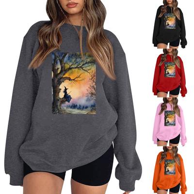 Women's Casual Round Neck Long Sleeved Pullover, Halloween Printed Top, Long Sleeved Hoodie