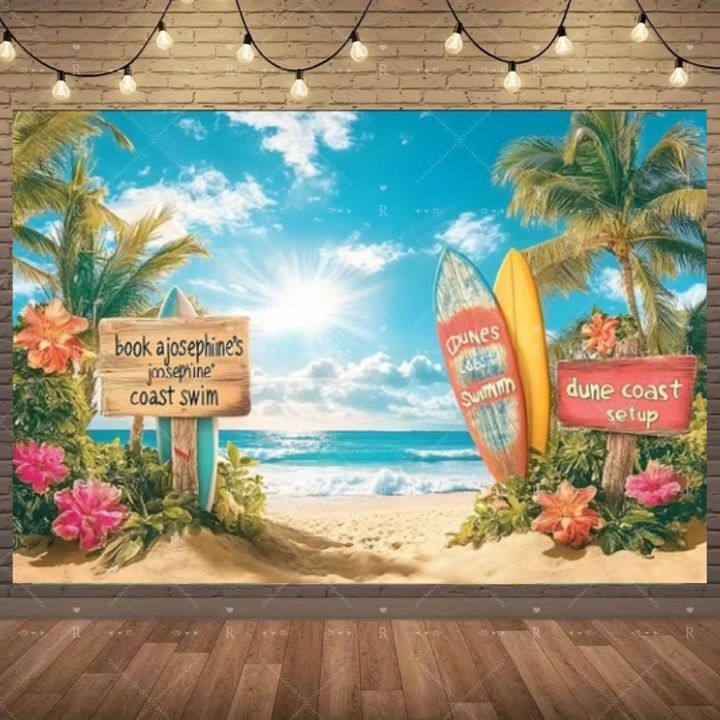 Summer Beach Holiday Party Decoration Backdrop Sunshine Flamingo Ocean Surfboard Portrait Photography Background Props Banner
