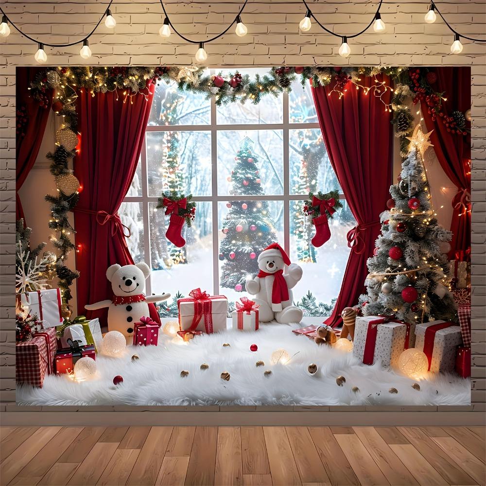 Vibrant Winter Wonderland Christmas photography background - Snowmen Christmas trees and rural window scenes of holiday parties
