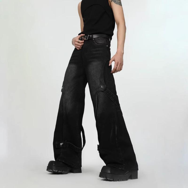 Men s Vintage Washed Cargo Wide Leg Jeans With Straps S