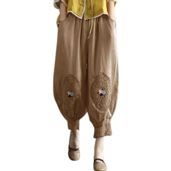 Women Pants Elastic Waist Pocket Lace Patchwork Flower Embroidery Daily Wear Solid Color Plus Size Mid-calf Length Ninth Pants Female Clothes