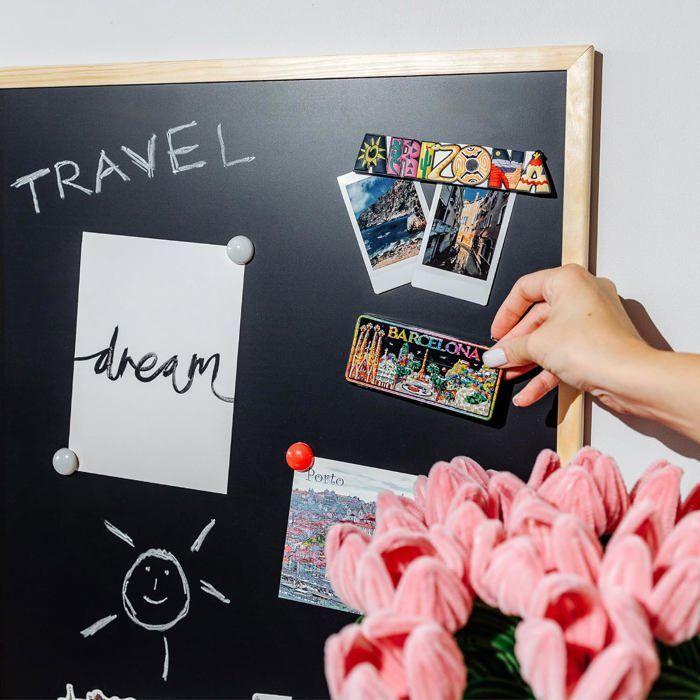 Tableau mural magnétique et ardoise - CREATIVE HOME - Creative Home 2-en-1 - Noir - 80x60 cm - Cadre pin