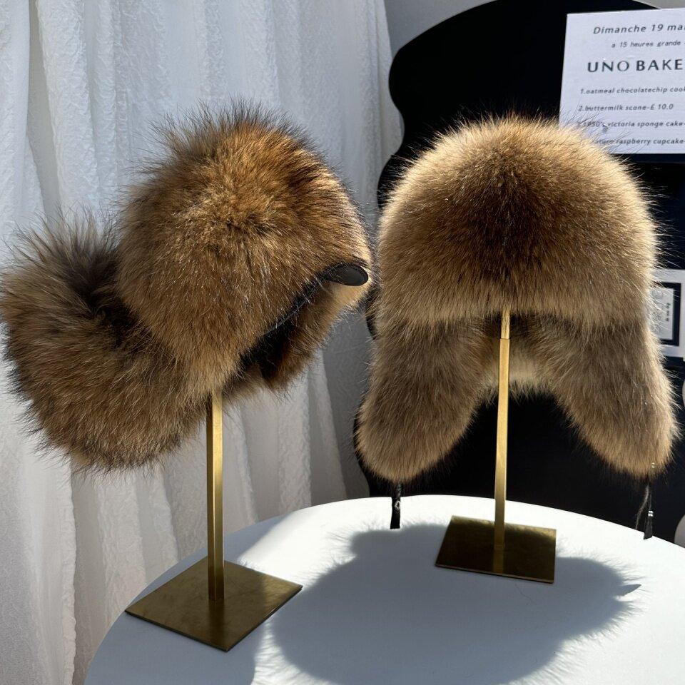 New Winter Men's 100% Real Silver Fox Fur Bomber Hat Raccoon Fur Ushanka Cap Trapper Russian Man Ski Hats Caps Real Leather