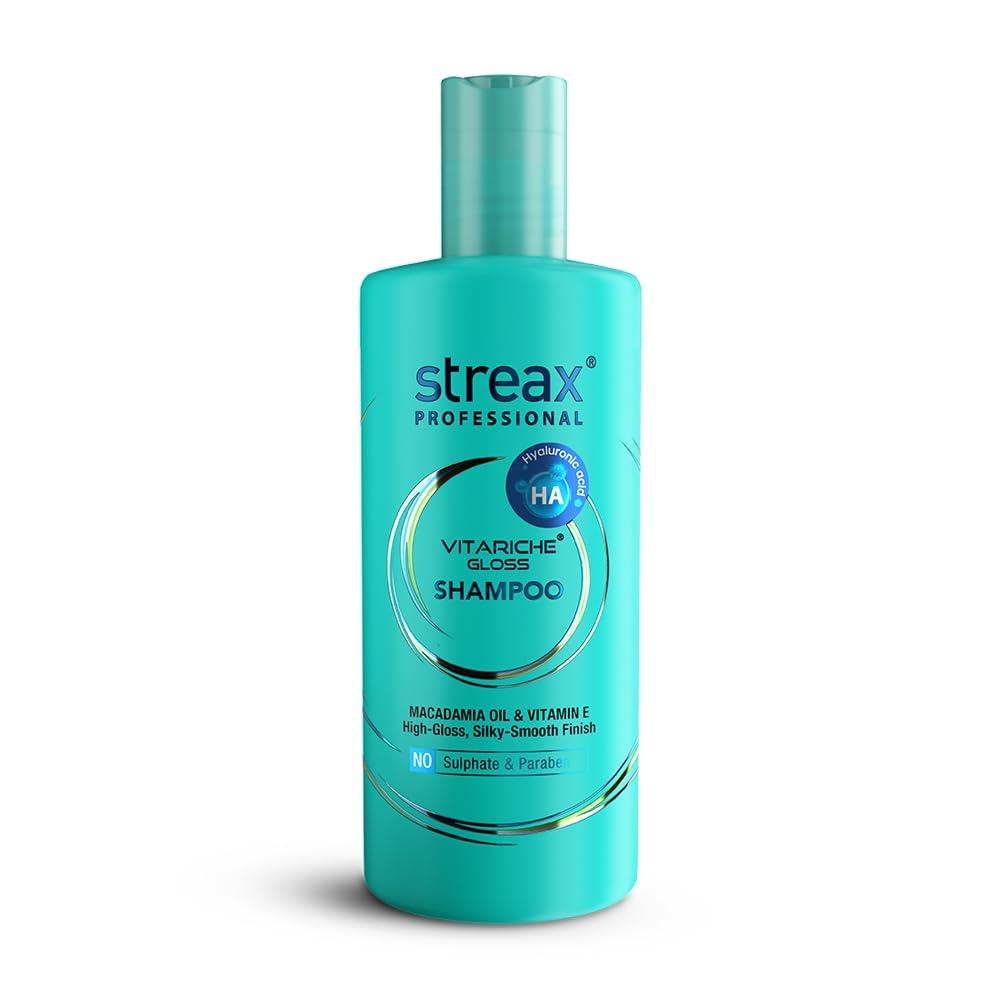 Streax Professional Vitariche Gloss Shampoo with Hyaluronic Acid -300ml, Sulfate-Free Shampoo for Dry, Damaged & Frizzy Hair, Hydrating & Nourishin