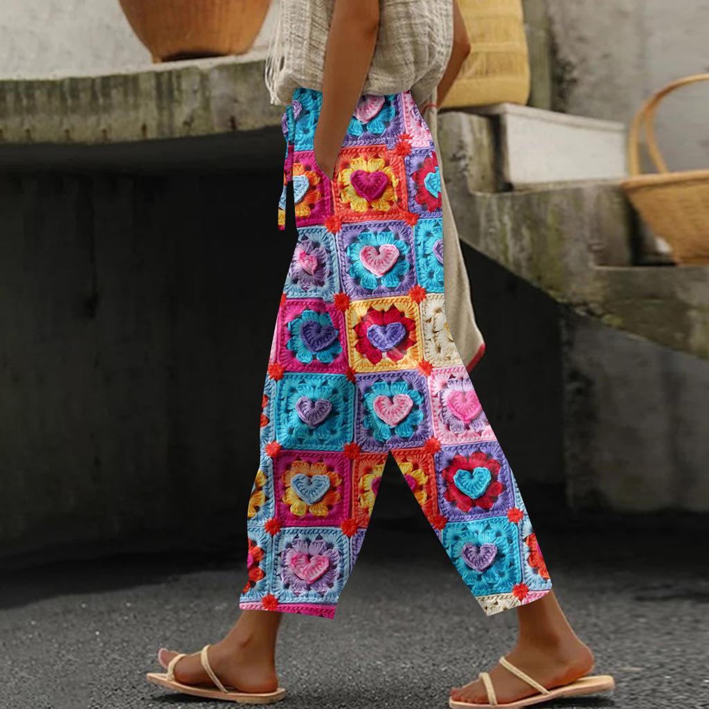 Damen Freizeithose Modische Print Kordelzug Taschen Elastische Taille Hose